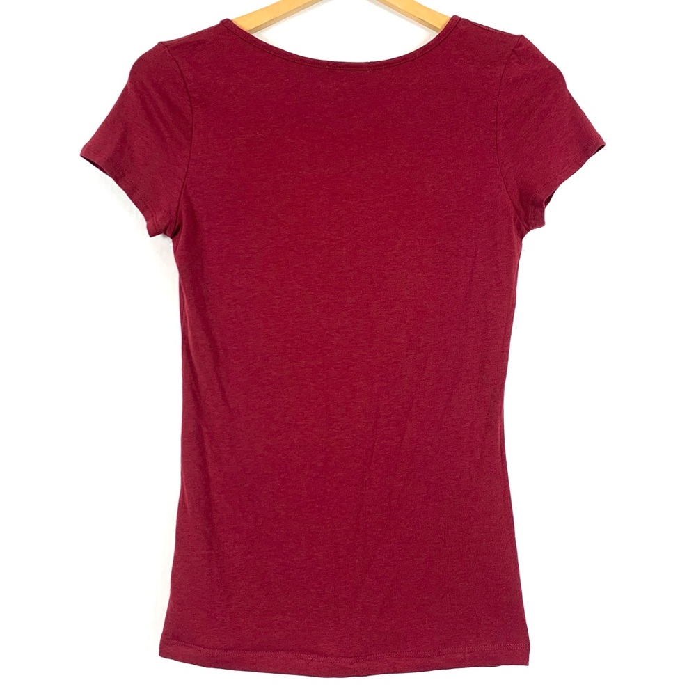 NWOT Burgundy Sheer Lace Mesh Cutout Fitted Tee - Picture 5 of 13